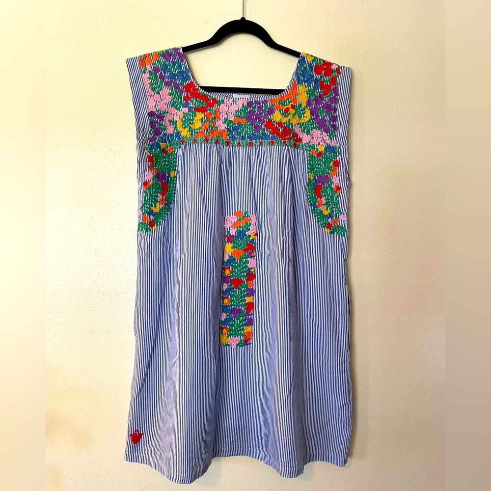 J. MARIE fiesta embroidered colorful flowers blue striped dress